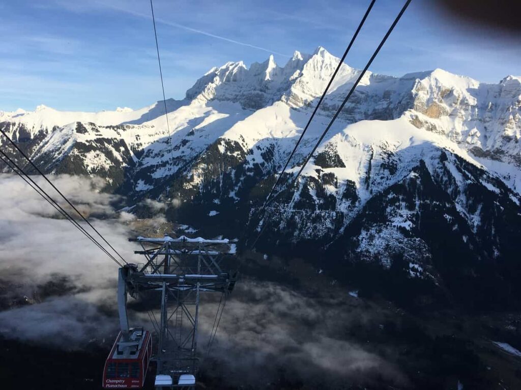 Winter view Dents du Midi from Champery Cable car taken from top cable car station at Croix de Culet